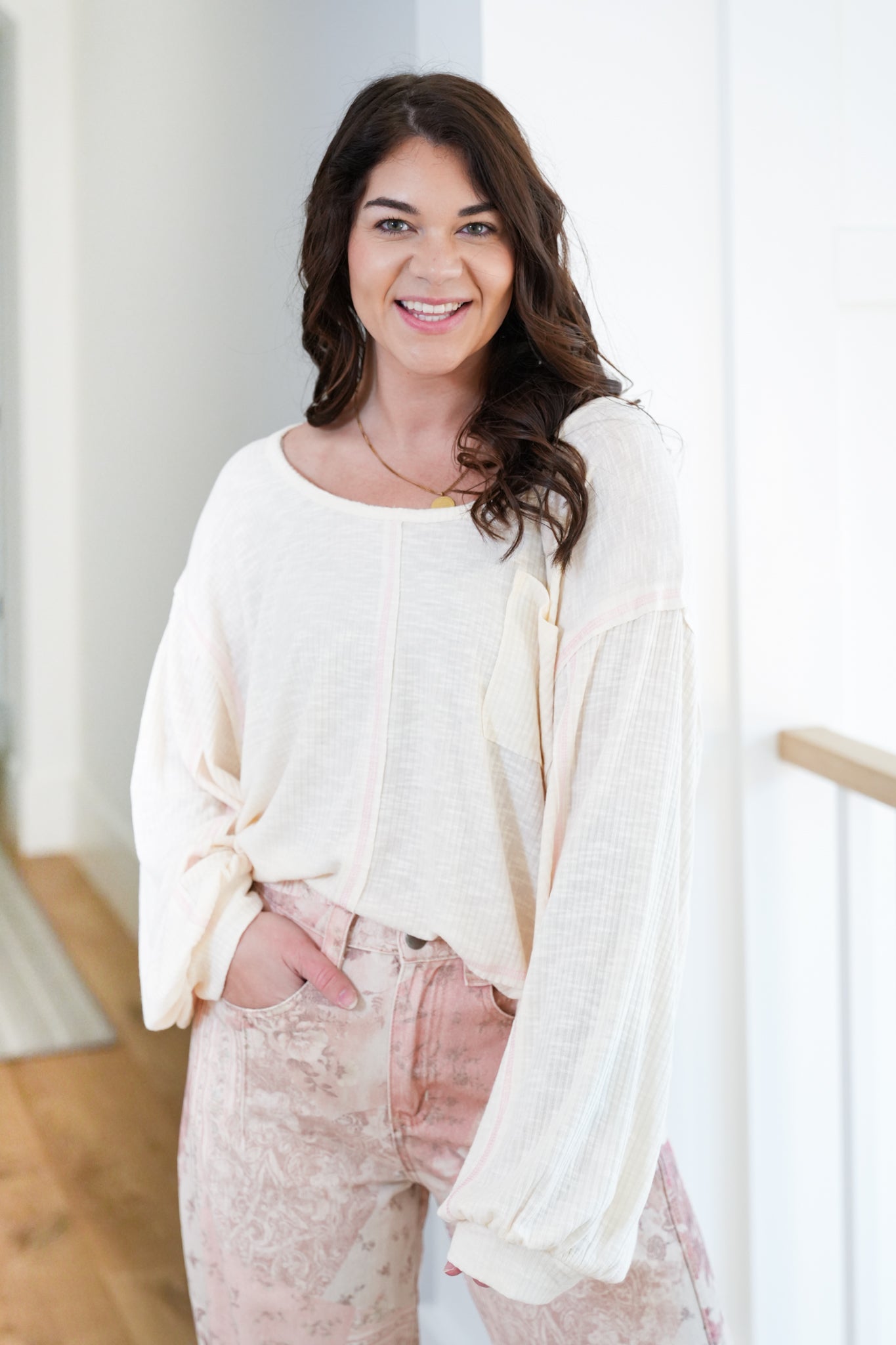 POL Ribbed Long Sleeve Round Neck Top with Chest Pocket