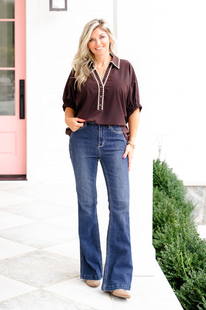 Plus/Reg Short Dolman Sleeve Top with Stitch Trim