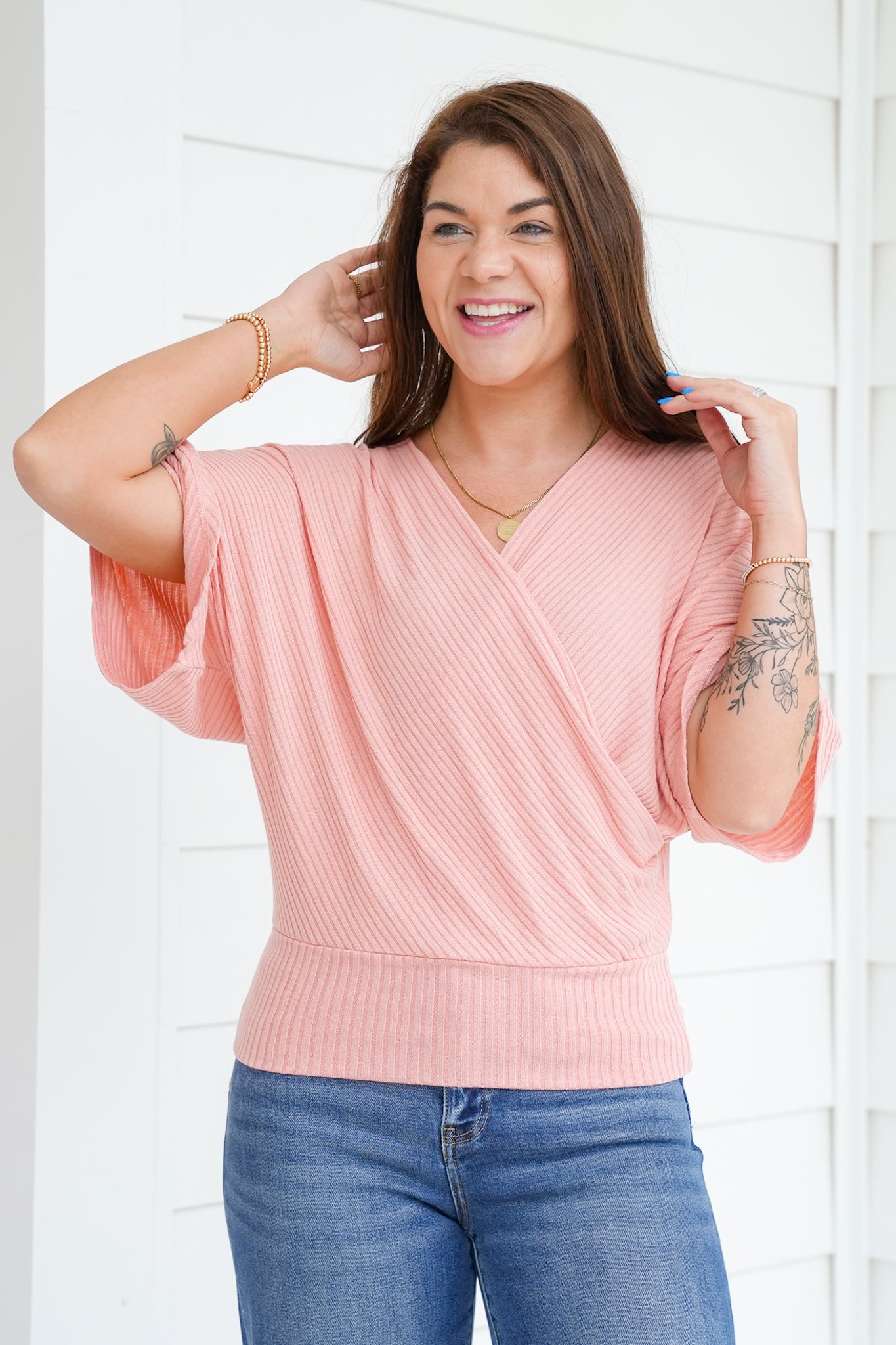 Ribbed Knit Short Dolman Sleeve Wrap Top