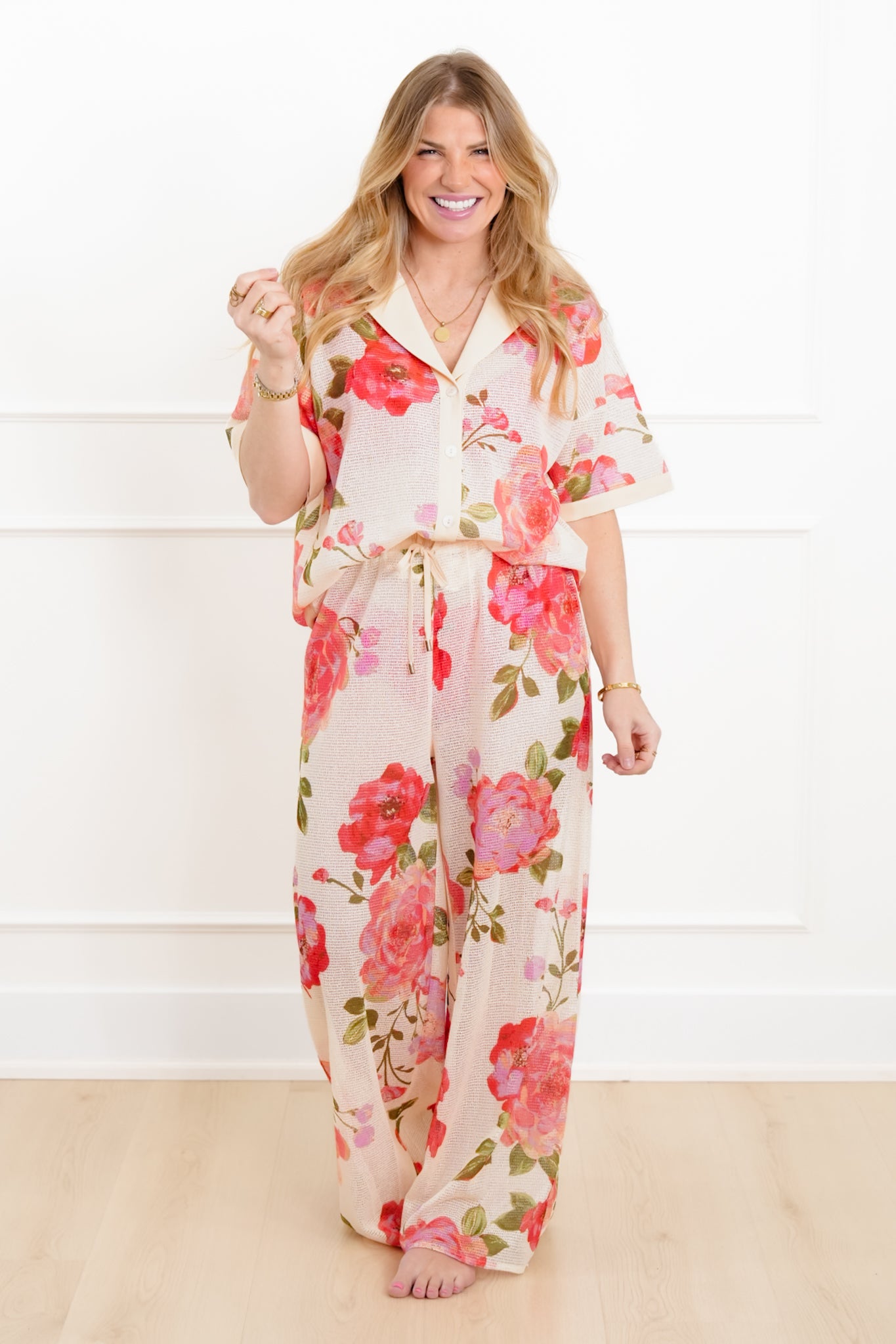 Plus/Reg Short Sleeve Button Down Floral Print Mesh Top