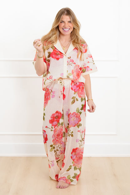 Plus/Reg Short Sleeve Button Down Floral Print Mesh Top