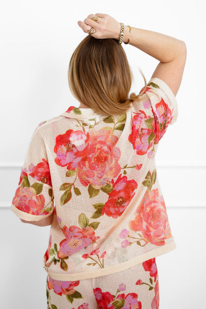 Plus/Reg Short Sleeve Button Down Floral Print Mesh Top