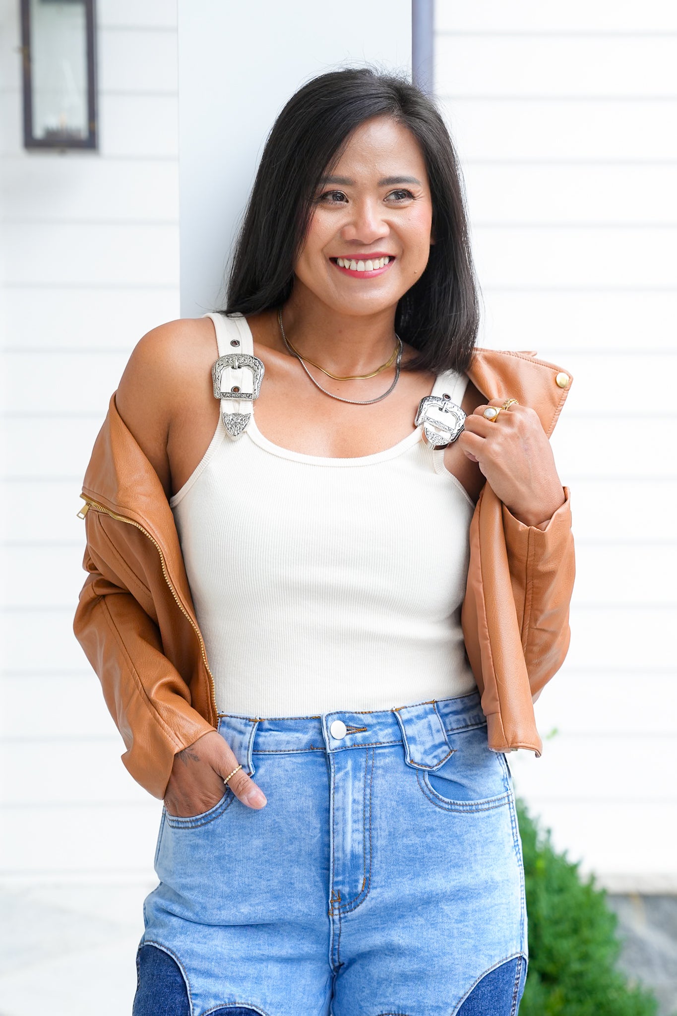 Sleeveless Ribbed Knit Bodysuit with Buckle Strap Detail