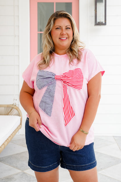 Mineral Wash Short Sleeve Top with American Flag Bow
