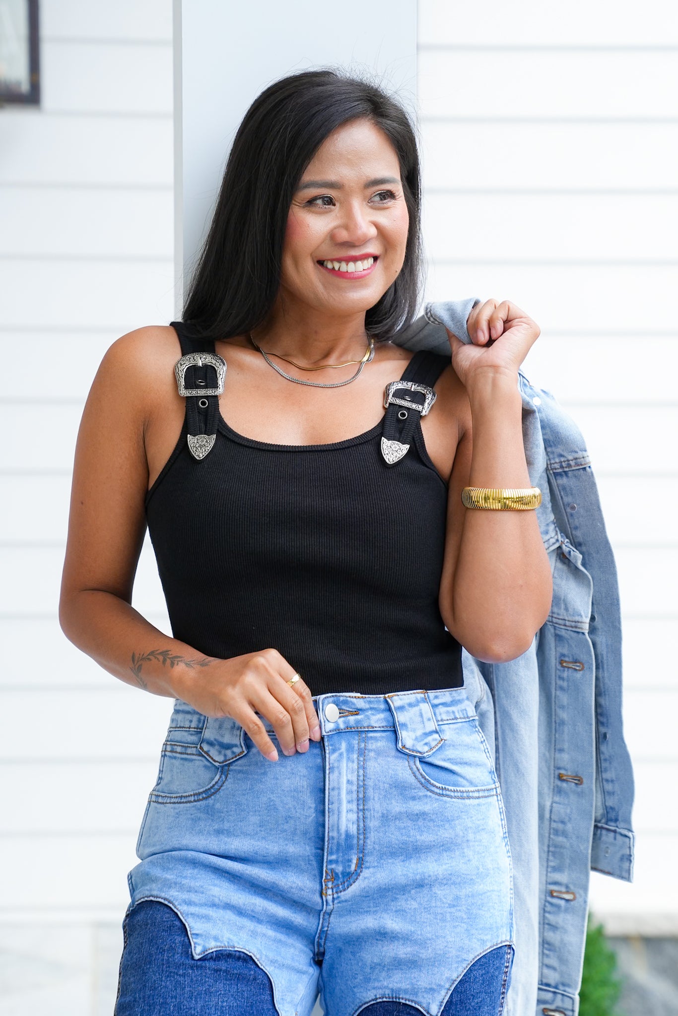 Sleeveless Ribbed Knit Bodysuit with Buckle Strap Detail