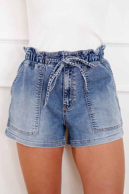 Medium Wash Elastic Waist Pull On Shorts