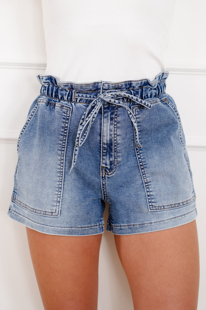 Medium Wash Elastic Waist Pull On Shorts
