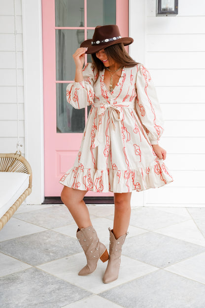 Puff Sleeve Smocked Bodice Mini Dress With Embroidered Detail