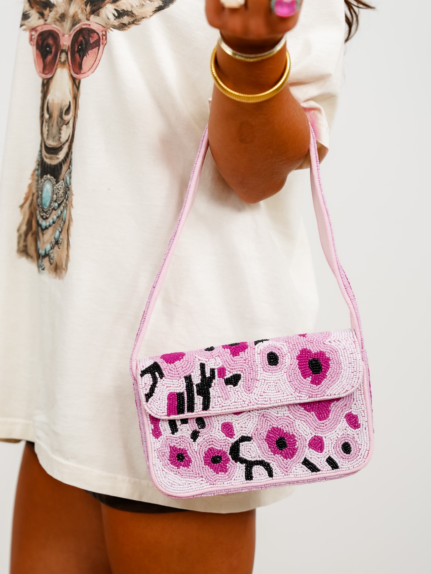 POL Pink Fully Beaded Floral Shoulder Bag