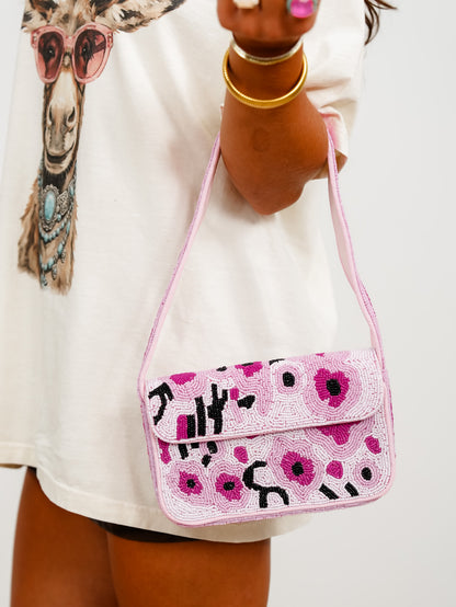 POL Pink Fully Beaded Floral Shoulder Bag