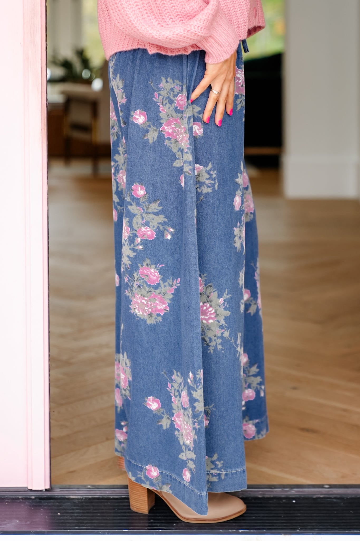 Floral Print Elastic Waist Button Fly Wide Leg Denim Pants