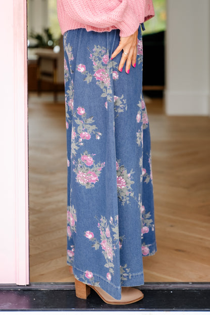 Floral Print Elastic Waist Button Fly Wide Leg Denim Pants
