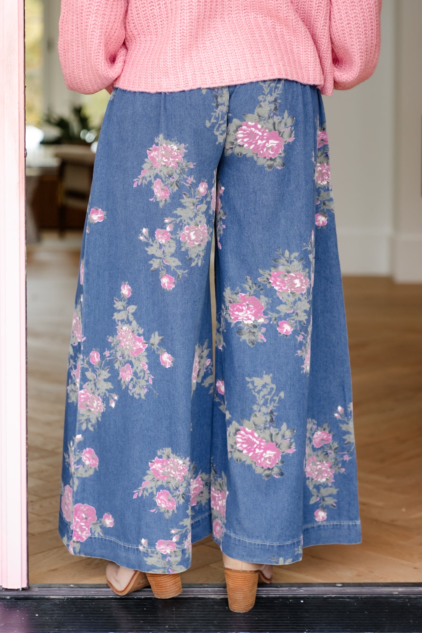 Floral Print Elastic Waist Button Fly Wide Leg Denim Pants