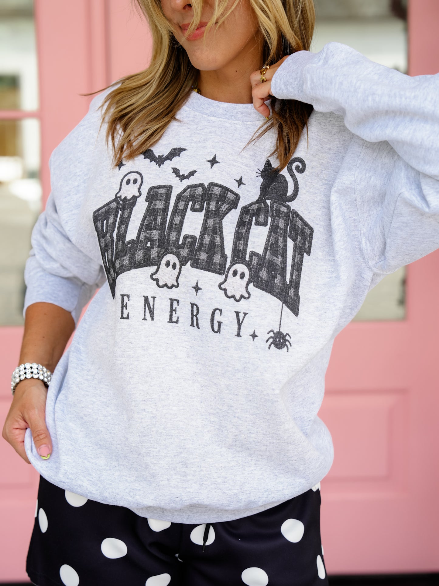 Plus/Reg Long Sleeve Black Cat Energy Halloween Graphic Sweatshirt