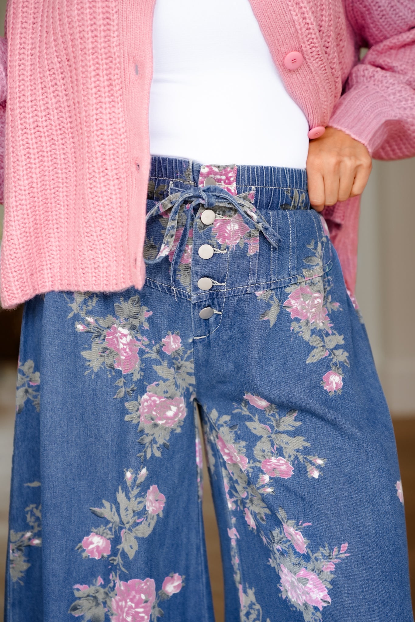 Floral Print Elastic Waist Button Fly Wide Leg Denim Pants