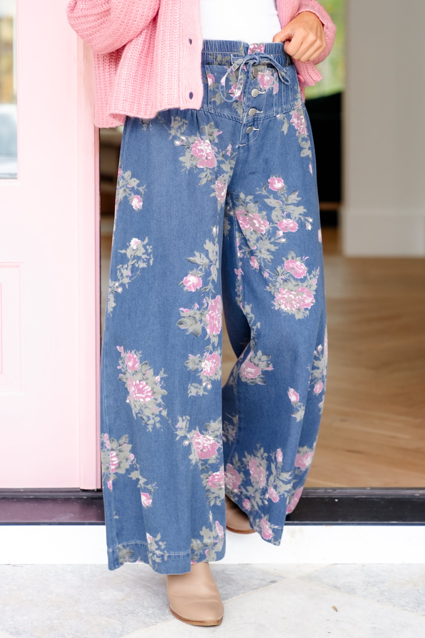Floral Print Elastic Waist Button Fly Wide Leg Denim Pants