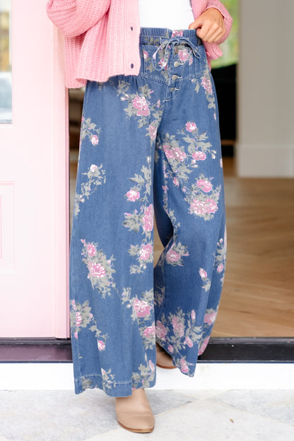 Floral Print Elastic Waist Button Fly Wide Leg Denim Pants