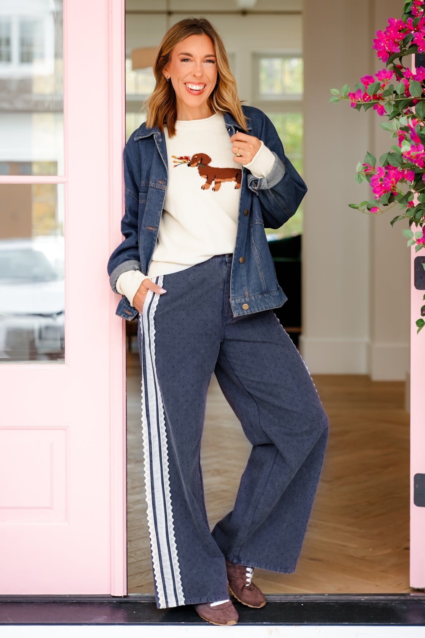 Plus/Reg Acid Washed Polka Dot Printed Pant with Lace Stripe