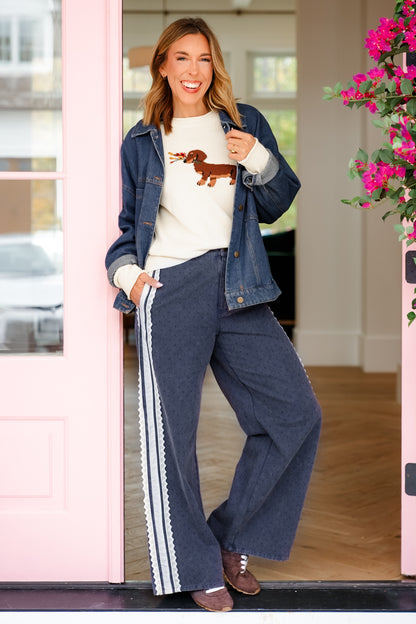 Plus/Reg Acid Washed Polka Dot Printed Pant with Lace Stripe