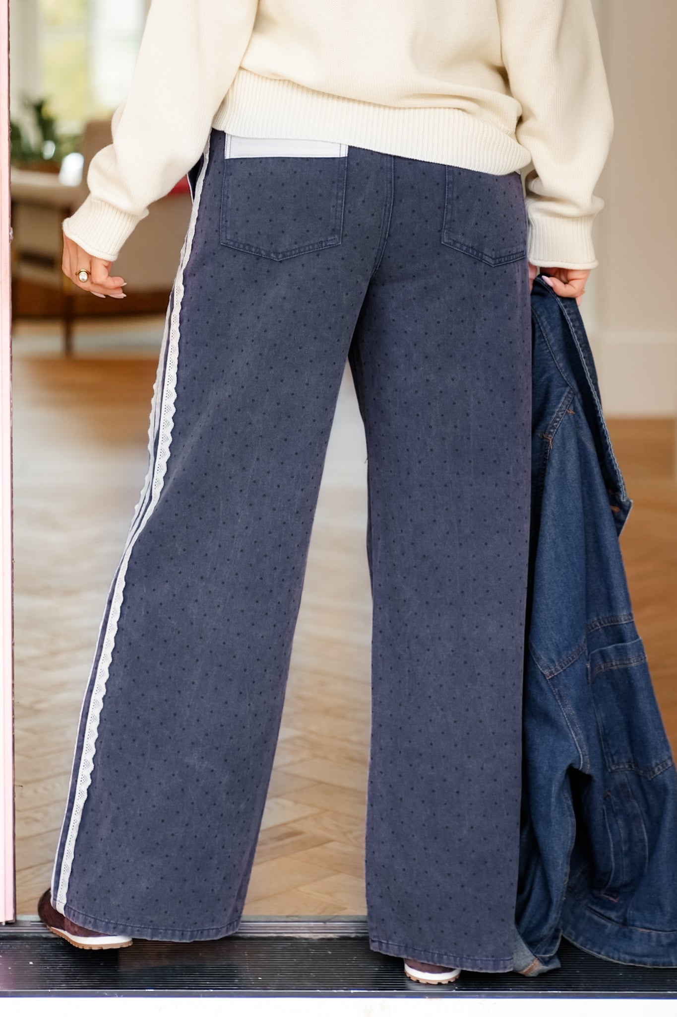 Plus/Reg Acid Washed Polka Dot Printed Pant with Lace Stripe