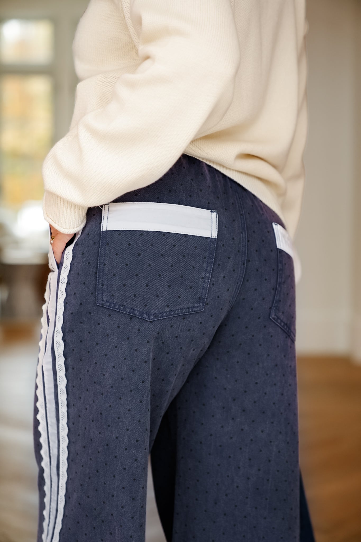 Plus/Reg Acid Washed Polka Dot Printed Pant with Lace Stripe