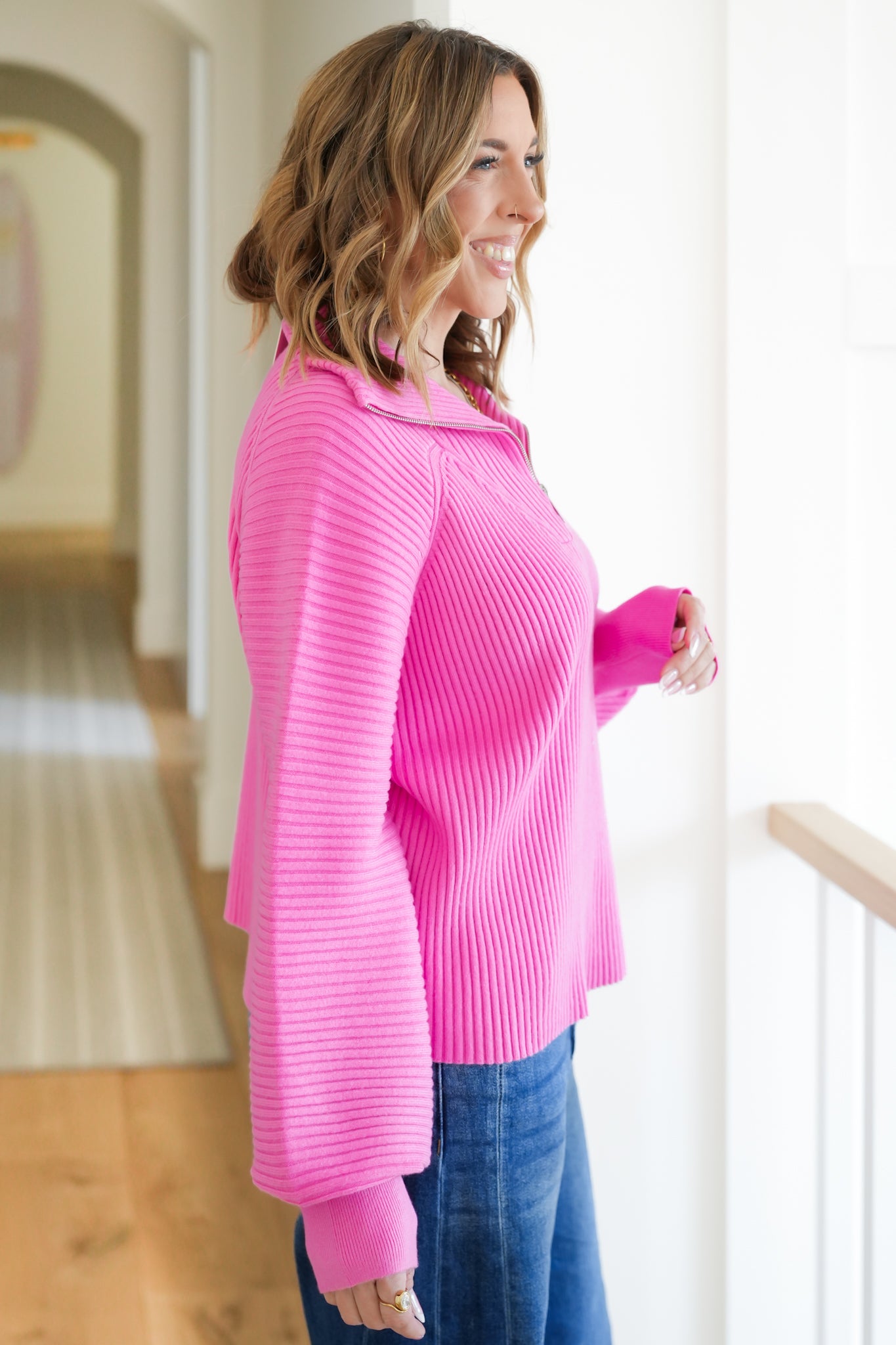 Ribbed Knit Long Sleeve 1/4 Zip Sweater