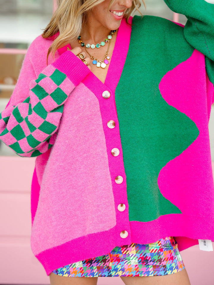 Plus/Reg Color Block Long Sleeve Button Down Cardigan - Freckled Poppy