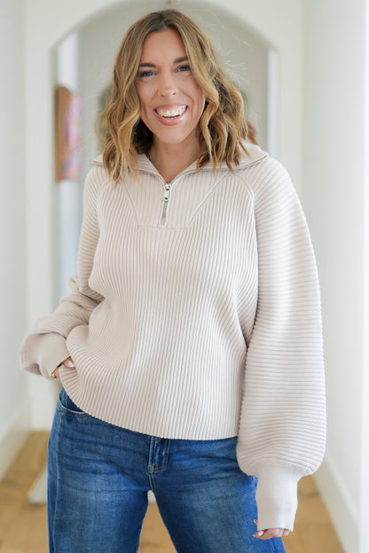 Ribbed Knit Long Sleeve 1/4 Zip Sweater