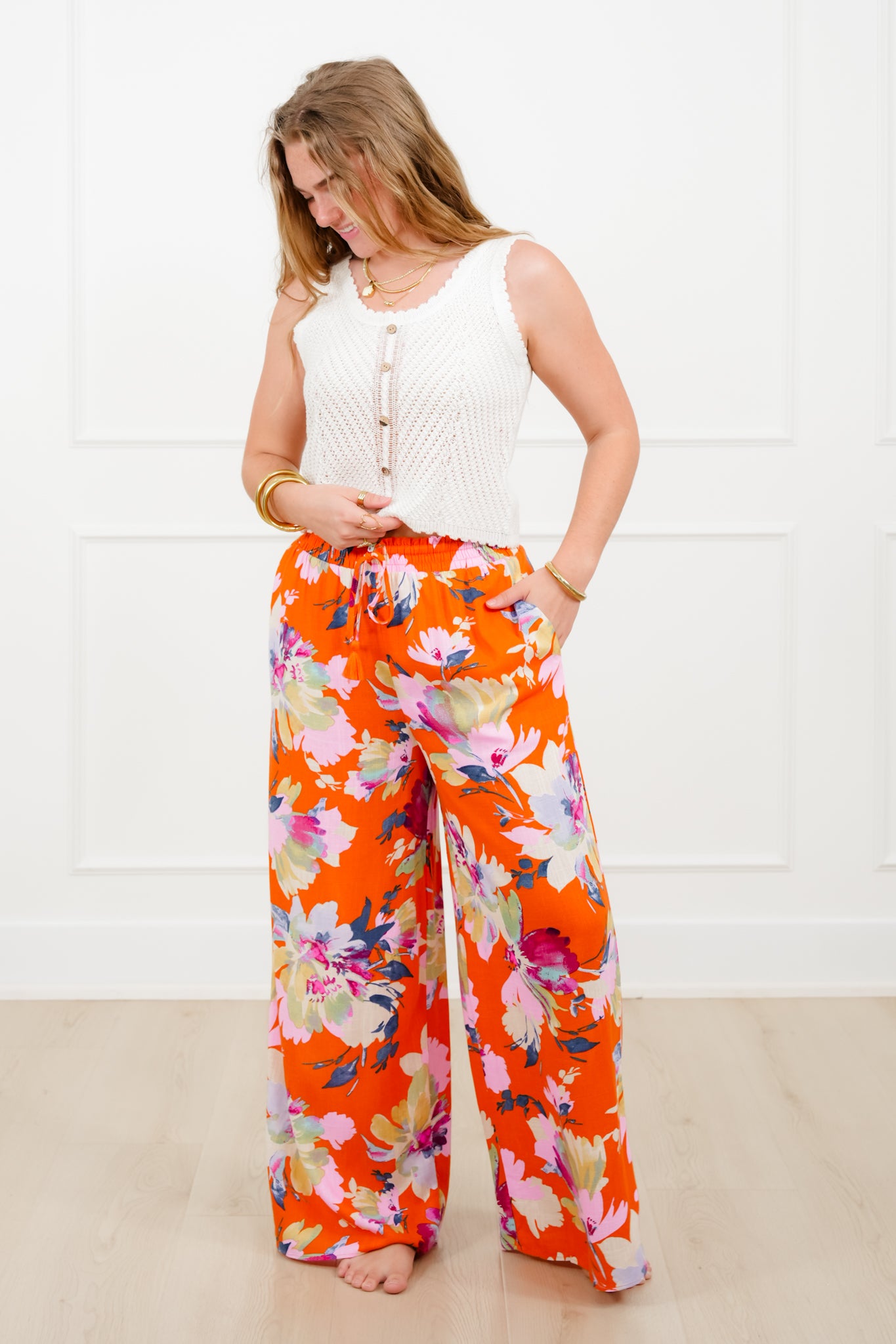 Linen Blend Floral Elastic Waist Wide Leg Pants