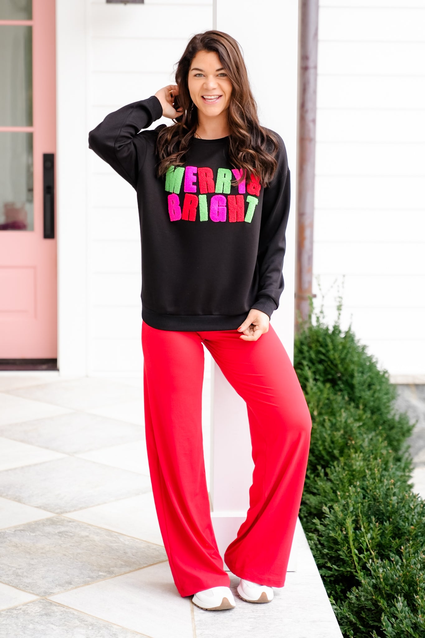 Plus/Reg Long Sleeve "Merry and Bright" Patch Pullover Sweatshirt