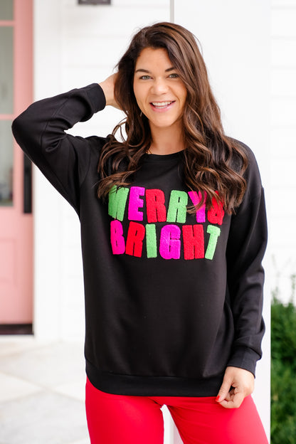 Plus/Reg Long Sleeve "Merry and Bright" Patch Pullover Sweatshirt