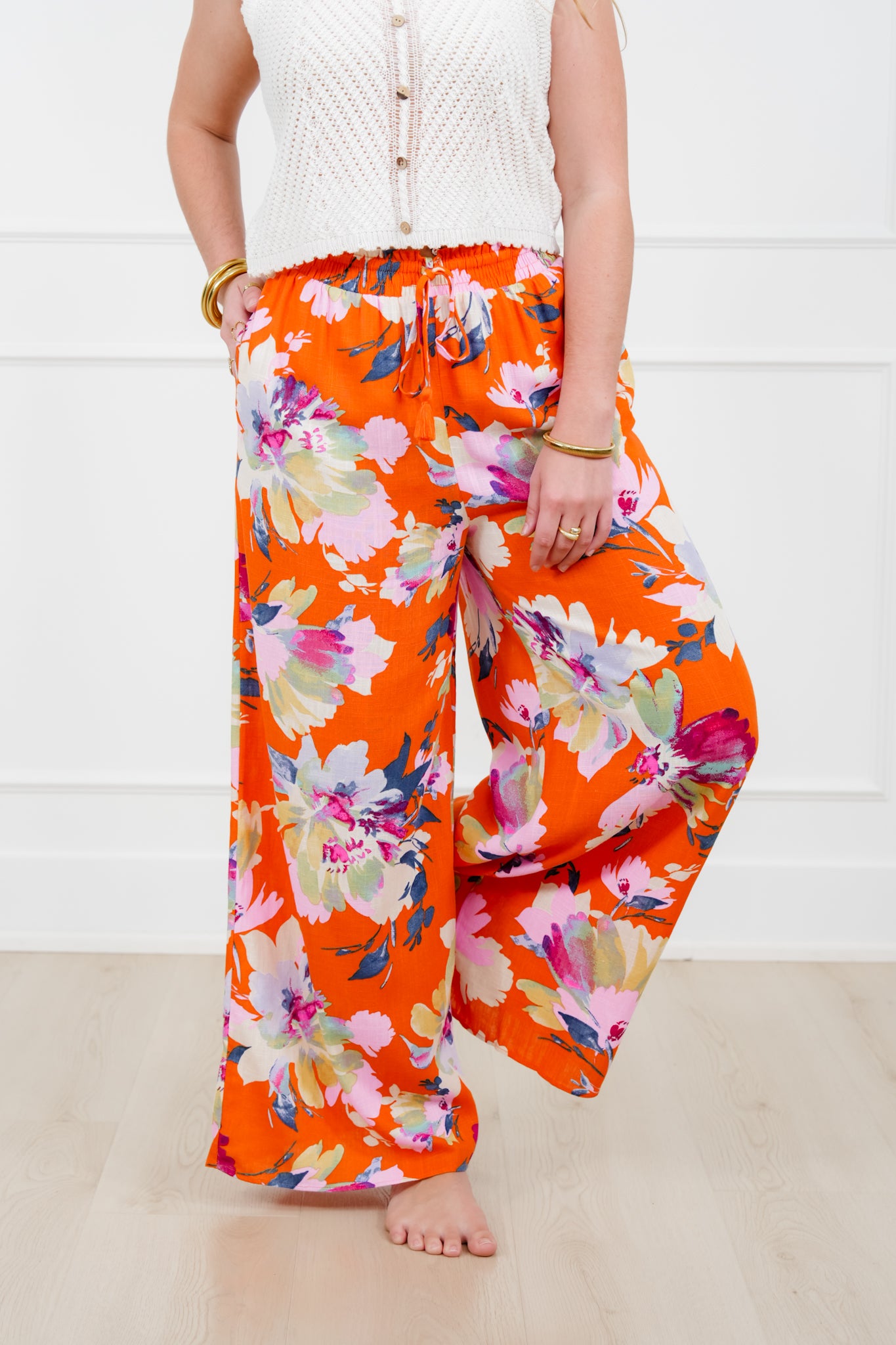 Linen Blend Floral Elastic Waist Wide Leg Pants