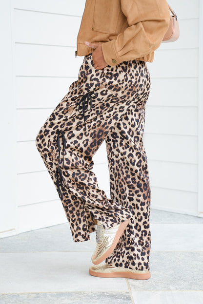 Leopard Print Elastic Waist Pants with Side Ties