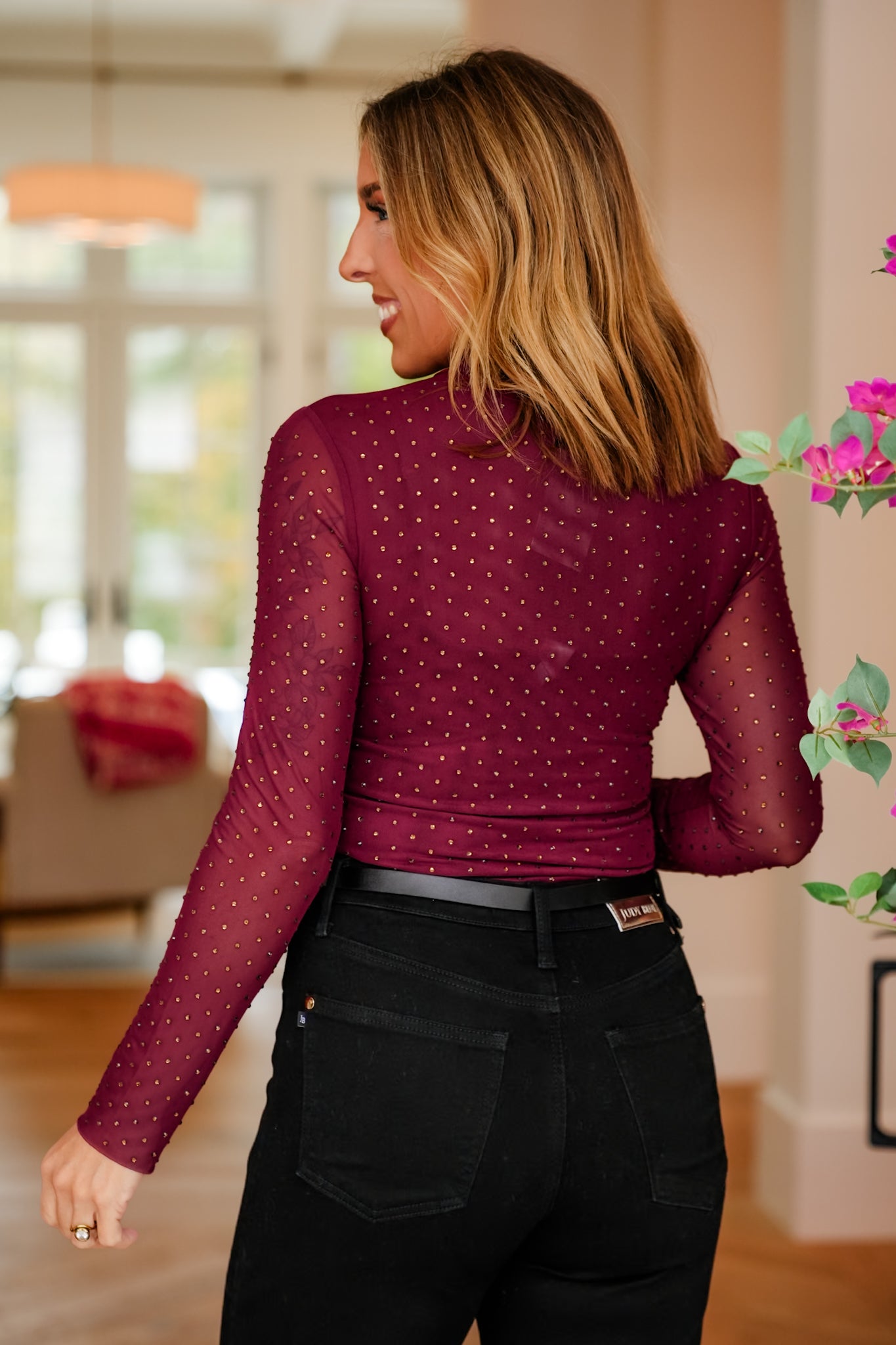 Mesh Long Sleeve Mock Neck Top with Crystals