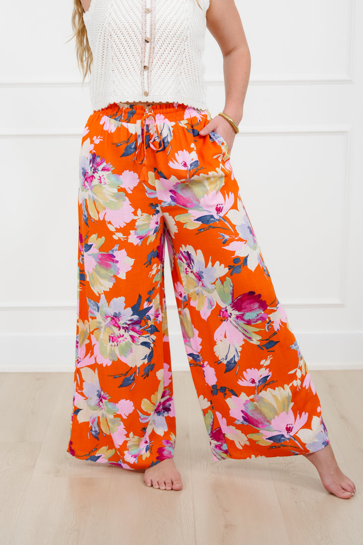 Linen Blend Floral Elastic Waist Wide Leg Pants