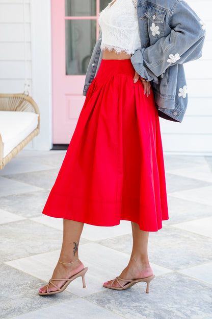Red Smocked Midi Skirt with Side Pockets