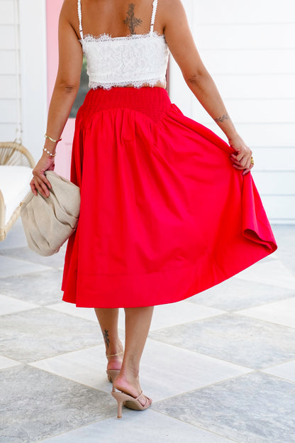 Red Smocked Midi Skirt with Side Pockets