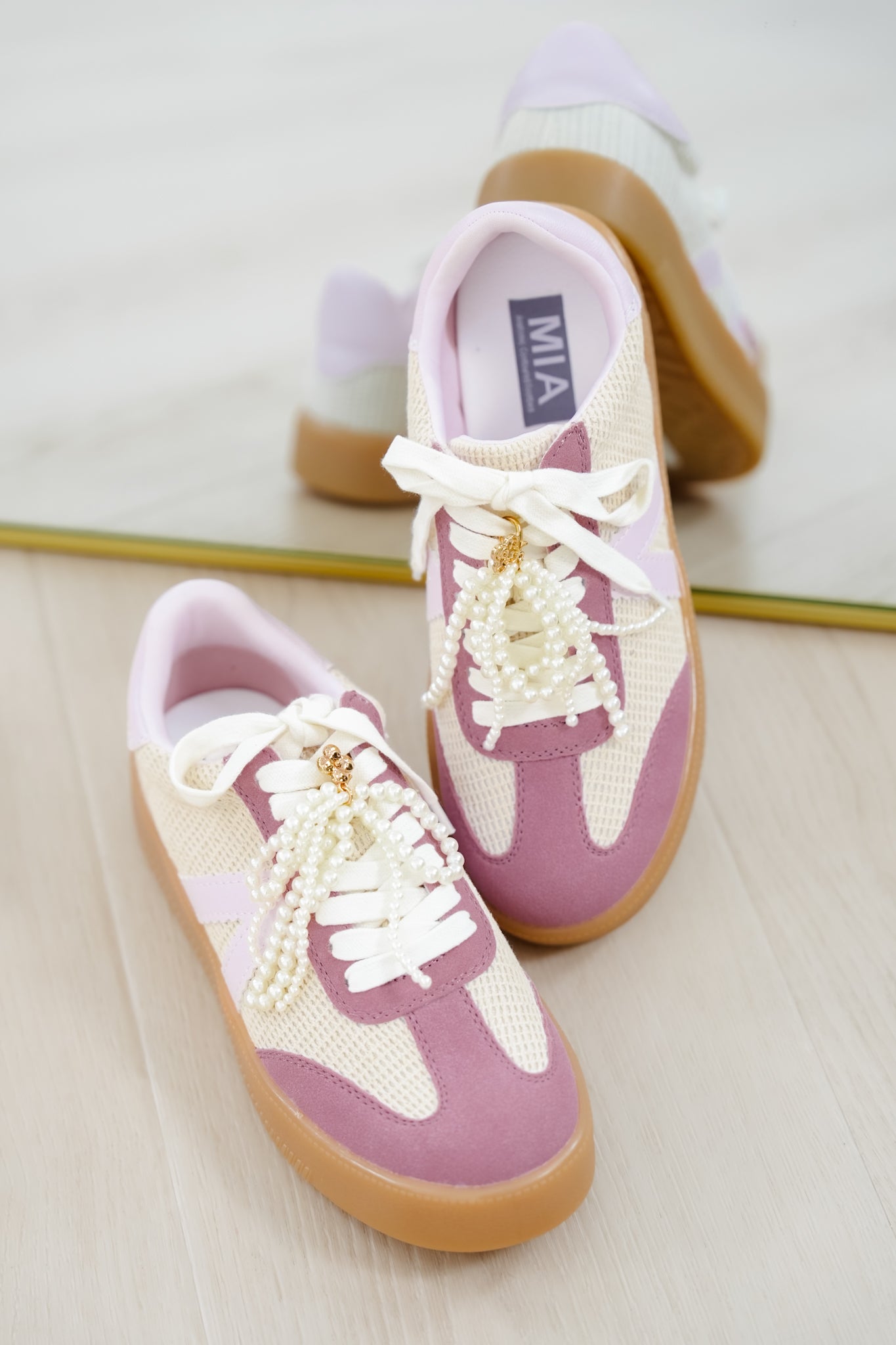 MIA Mesh Panel Fashion Sneaker with Decorative Pearl Accent