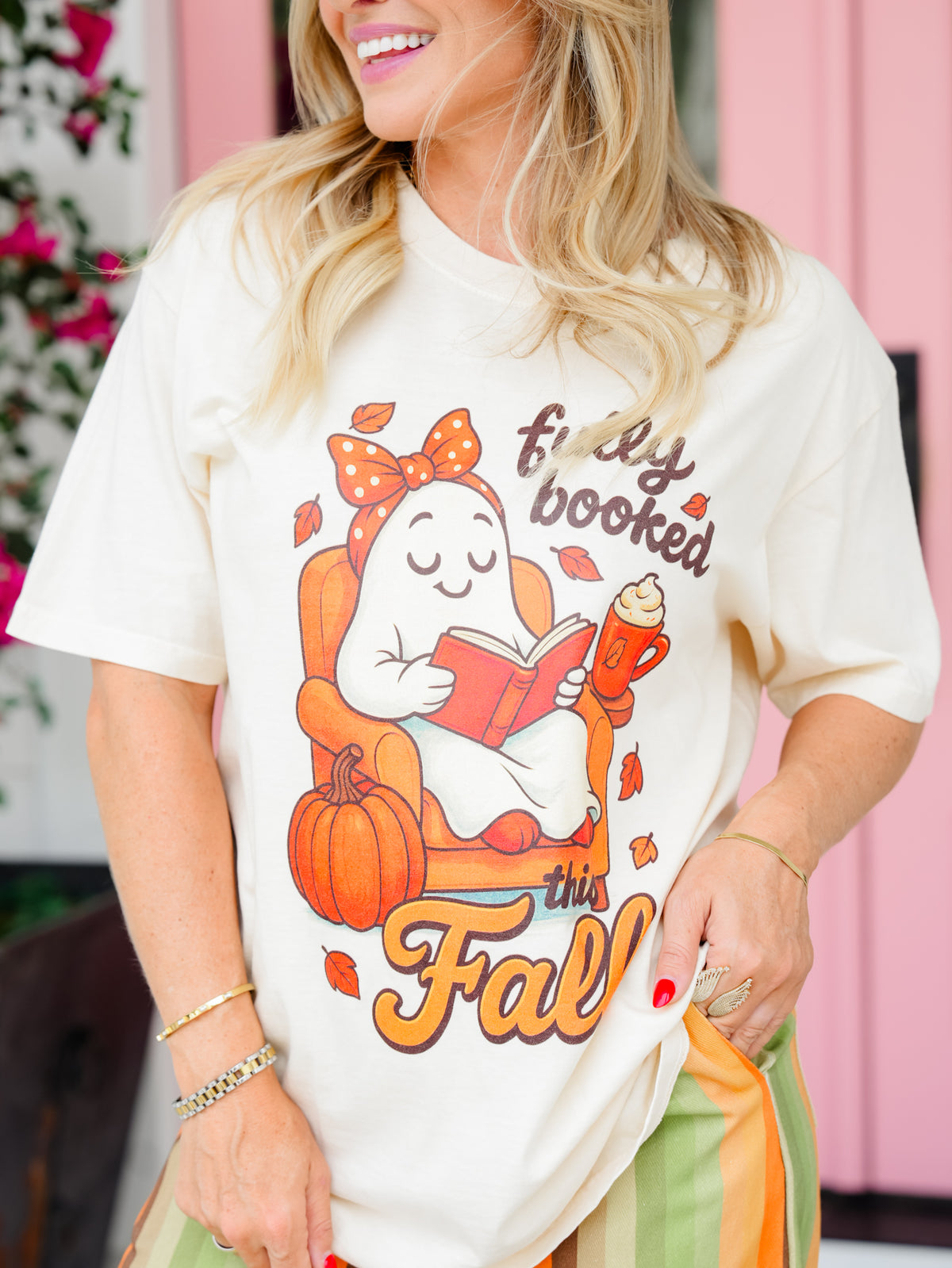 Plus/Reg Short Sleeve Fully Booked This Fall Ghost Graphic Tee - Freckled Poppy