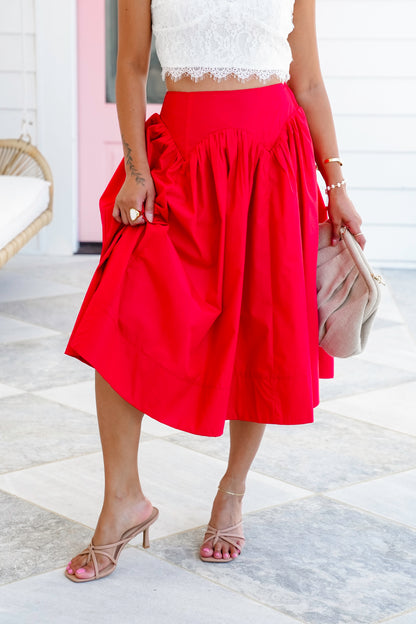 Red Smocked Midi Skirt with Side Pockets