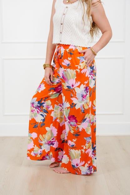 Linen Blend Floral Elastic Waist Wide Leg Pants