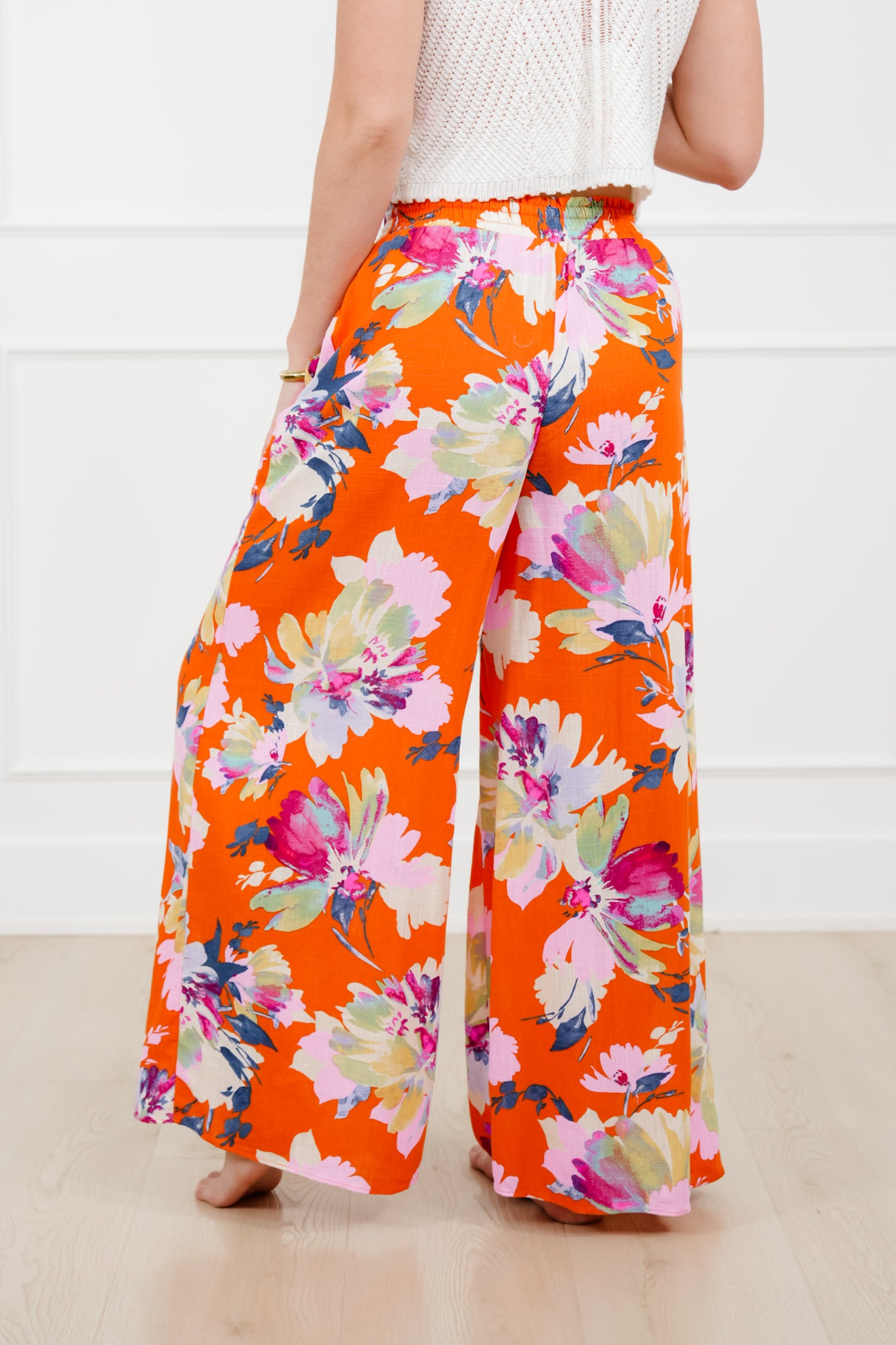 Linen Blend Floral Elastic Waist Wide Leg Pants