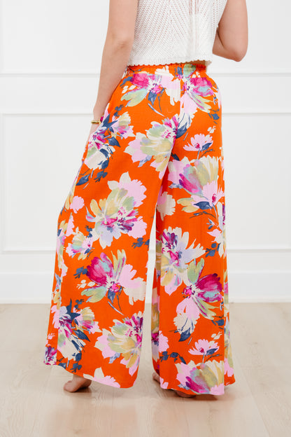 Linen Blend Floral Elastic Waist Wide Leg Pants