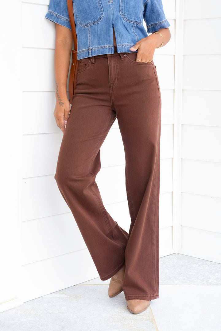 Mica High Rise Brown Wide Leg Jeans