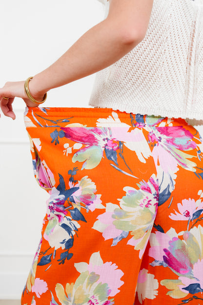 Linen Blend Floral Elastic Waist Wide Leg Pants