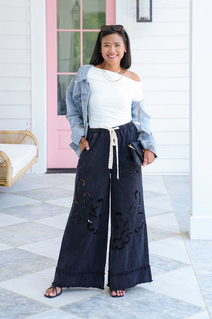 POL Elastic Waist Wide Leg Pants with Laser Cut Detail