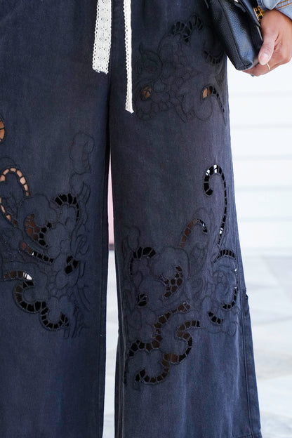 POL Elastic Waist Wide Leg Pants with Laser Cut Detail