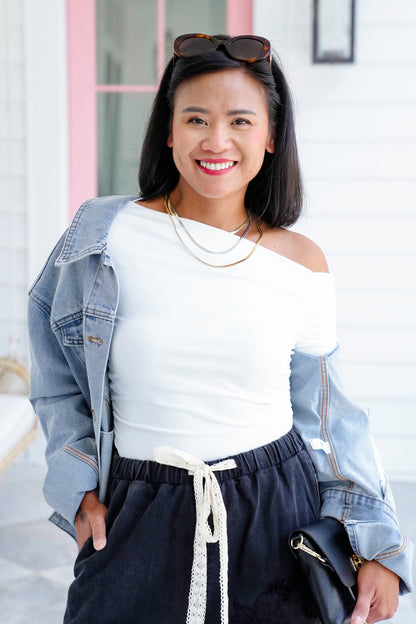 Long Sleeve One Shoulder Top with Shirring Detail