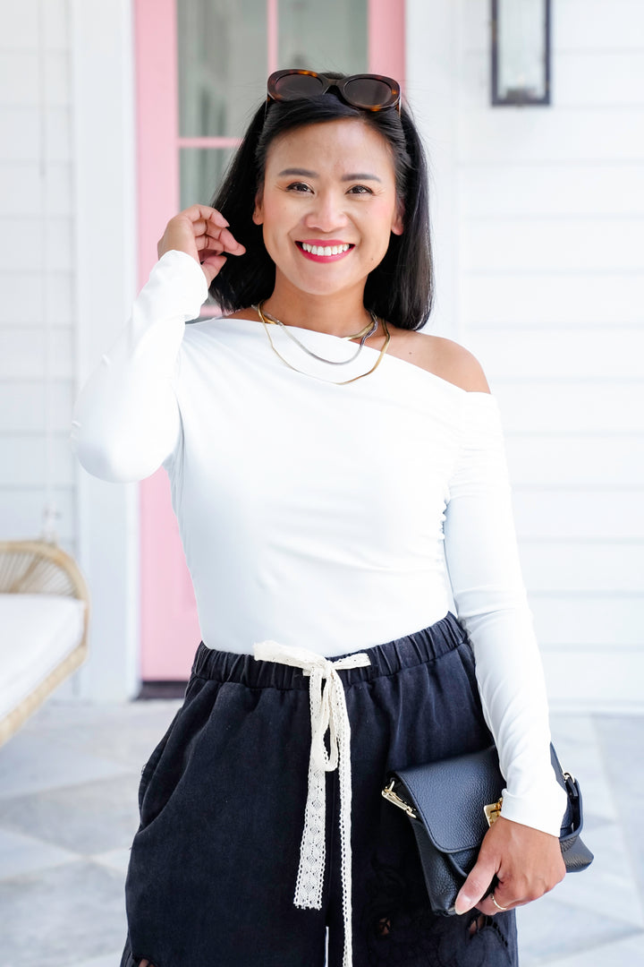 Long Sleeve One Shoulder Top with Shirring Detail