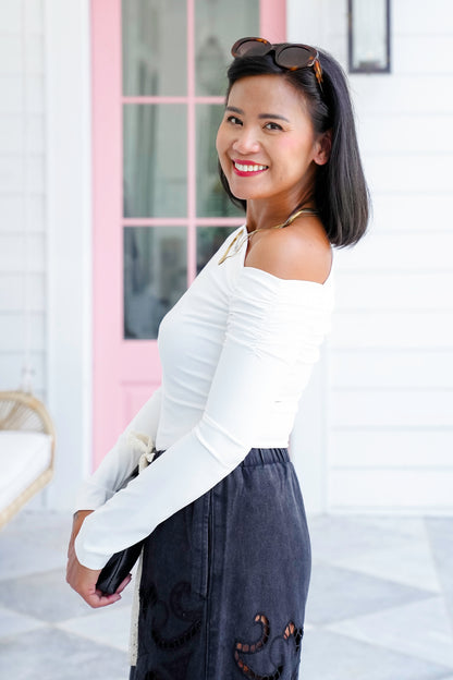 Long Sleeve One Shoulder Top with Shirring Detail